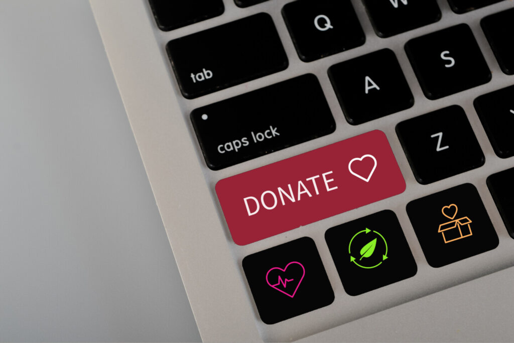 A computer button with the text DONATE. The concept of spread awareness and encourage donations for health, those in need, and nature conservation
